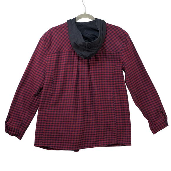 Eddie Bauer Women’s Hooded Flannel Shirt M Red Black Plaid Button Up Outdoor - Picture 3 of 12